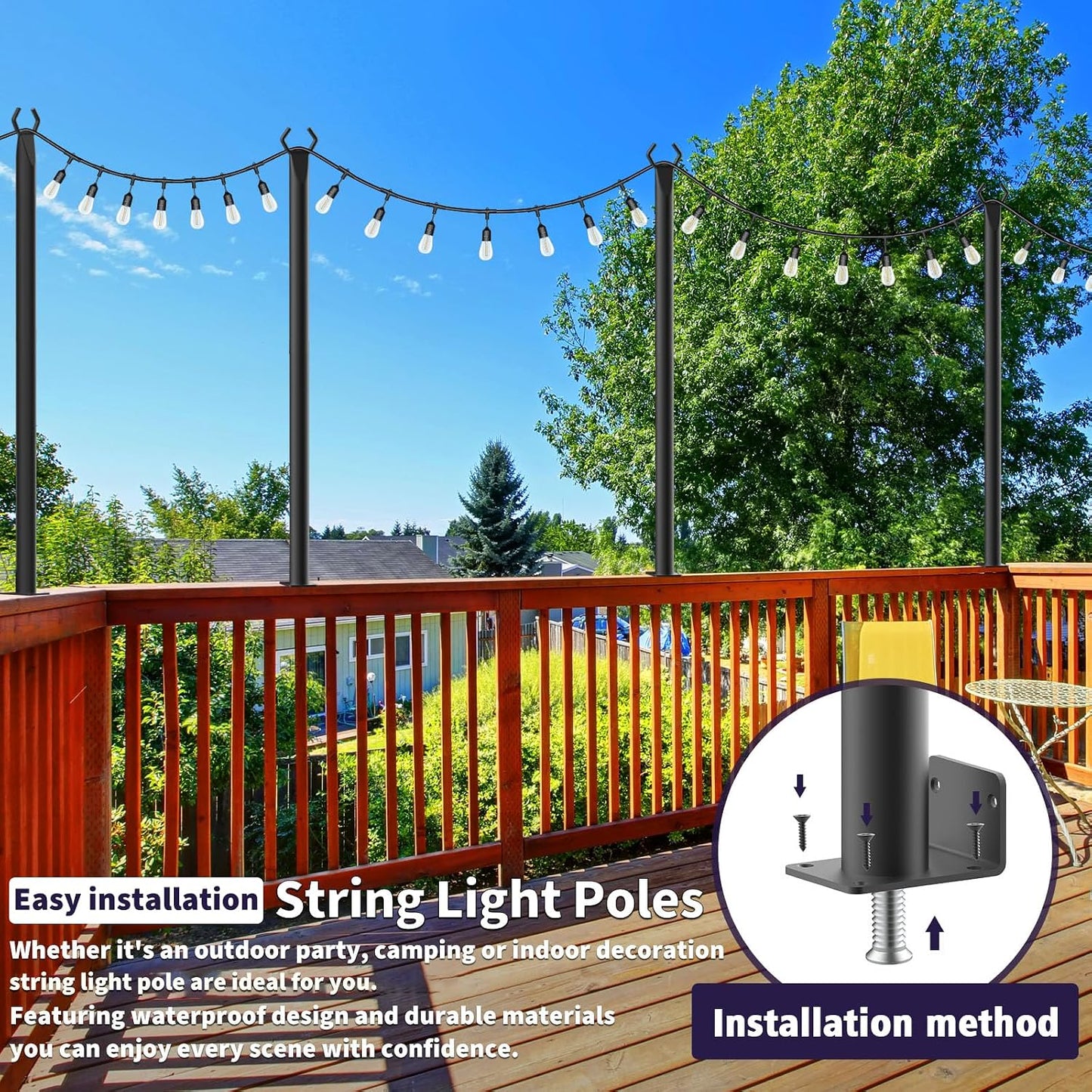 6 Pack String Light Poles, Outdoor String Light Pole 10 ft Forked Metal Light Pole with Adjustable Outdoor Light Stand, Deck, Backyard, Garden, Wedding, Rustproof and Sturdy with Hooks.