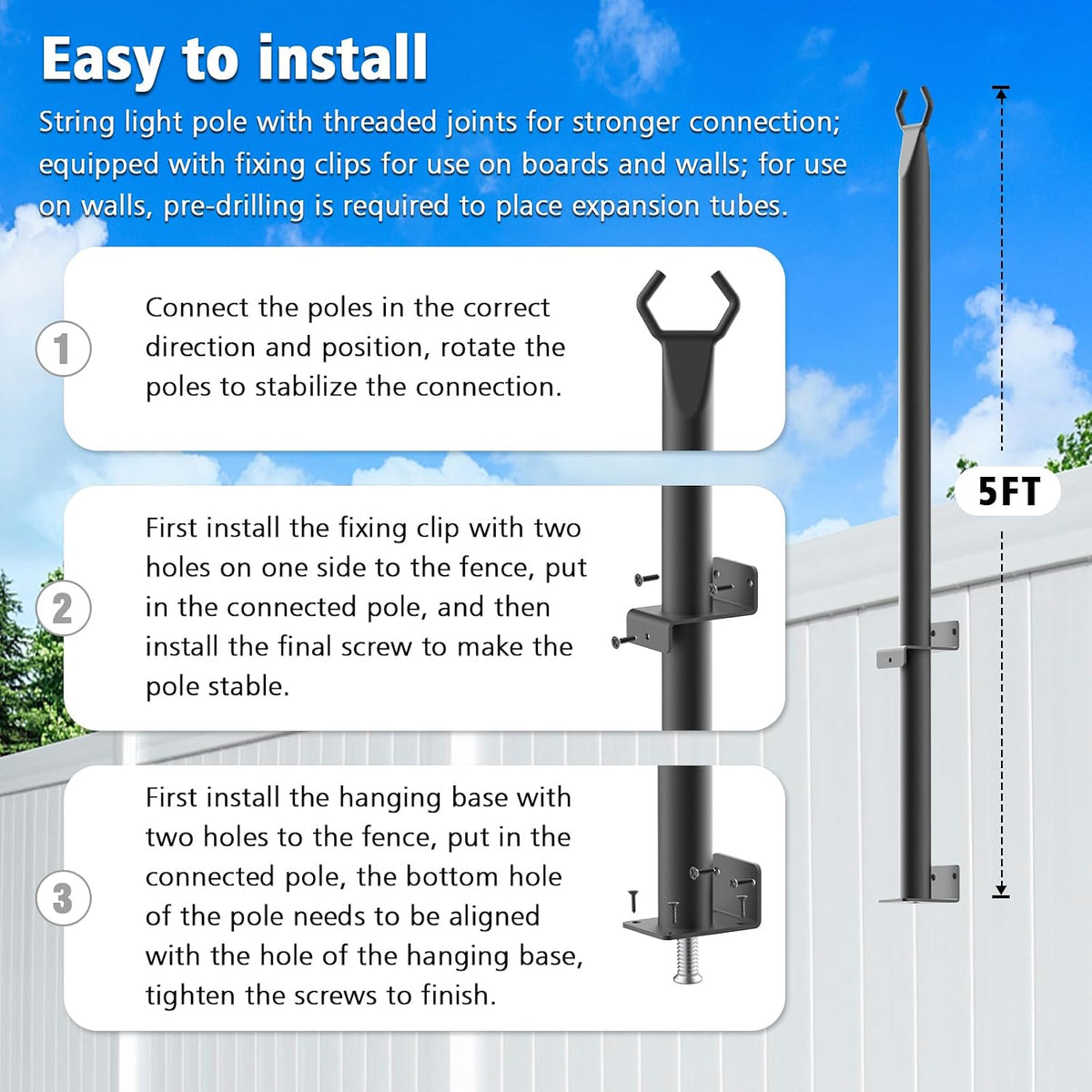 6 Pack String Light Poles, Outdoor String Light Pole 10 ft Forked Metal Light Pole with Adjustable Outdoor Light Stand, Deck, Backyard, Garden, Wedding, Rustproof and Sturdy with Hooks.