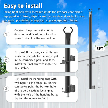 6 Pack String Light Poles, Outdoor String Light Pole 10 ft Forked Metal Light Pole with Adjustable Outdoor Light Stand, Deck, Backyard, Garden, Wedding, Rustproof and Sturdy with Hooks.