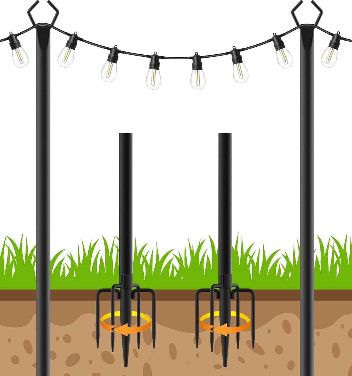 6 Pack String Light Poles, Outdoor String Light Pole 10 ft Forked Metal Light Pole with Adjustable Outdoor Light Stand, Deck, Backyard, Garden, Wedding, Rustproof and Sturdy with Hooks.