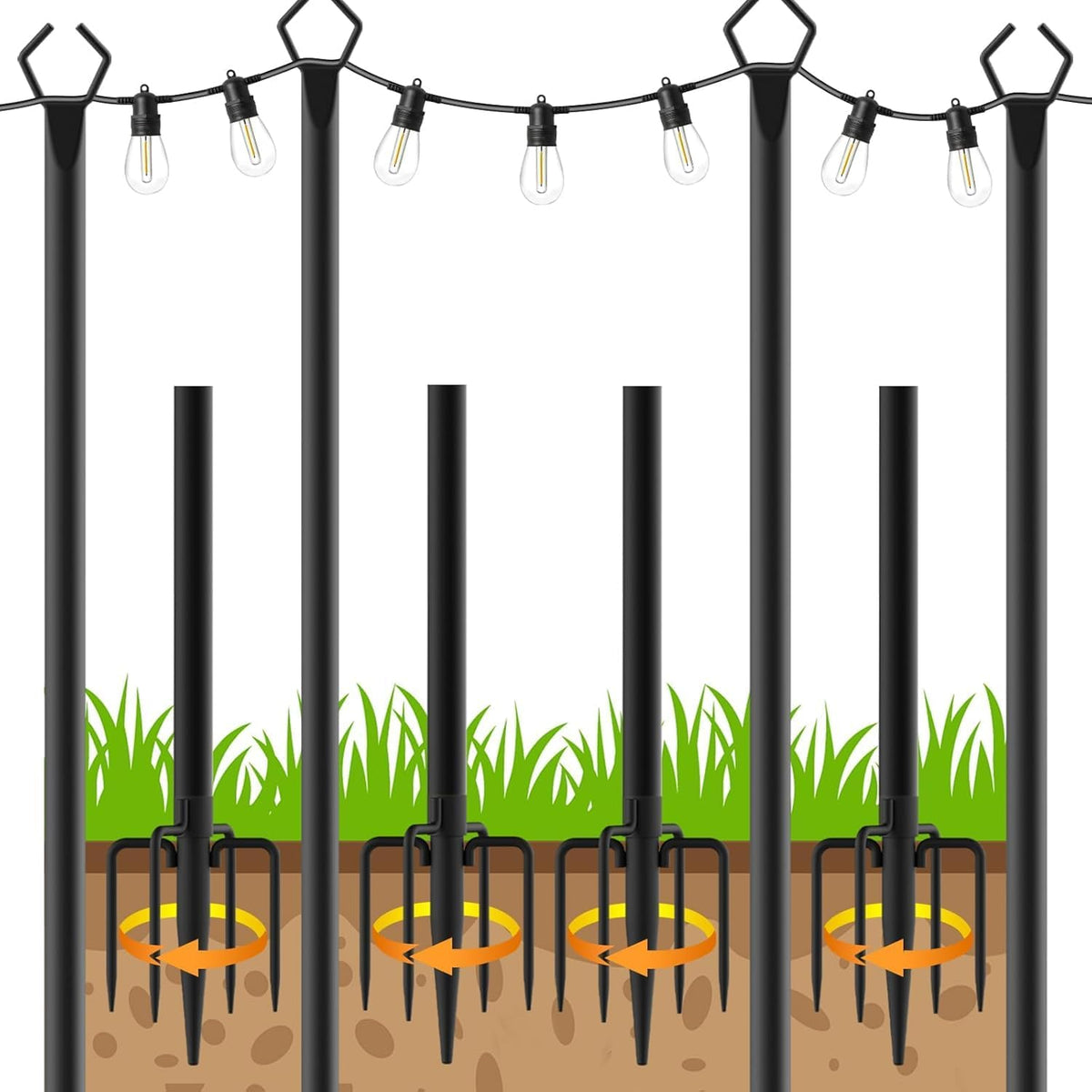 6 Pack String Light Poles, Outdoor String Light Pole 10 ft Forked Metal Light Pole with Adjustable Outdoor Light Stand, Deck, Backyard, Garden, Wedding, Rustproof and Sturdy with Hooks.