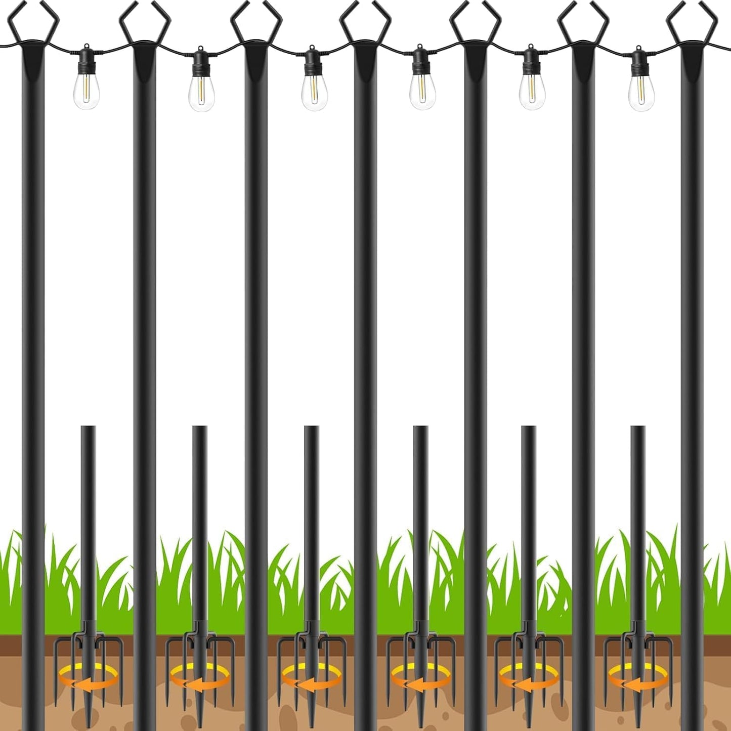 6 Pack String Light Poles, Outdoor String Light Pole 10 ft Forked Metal Light Pole with Adjustable Outdoor Light Stand, Deck, Backyard, Garden, Wedding, Rustproof and Sturdy with Hooks.