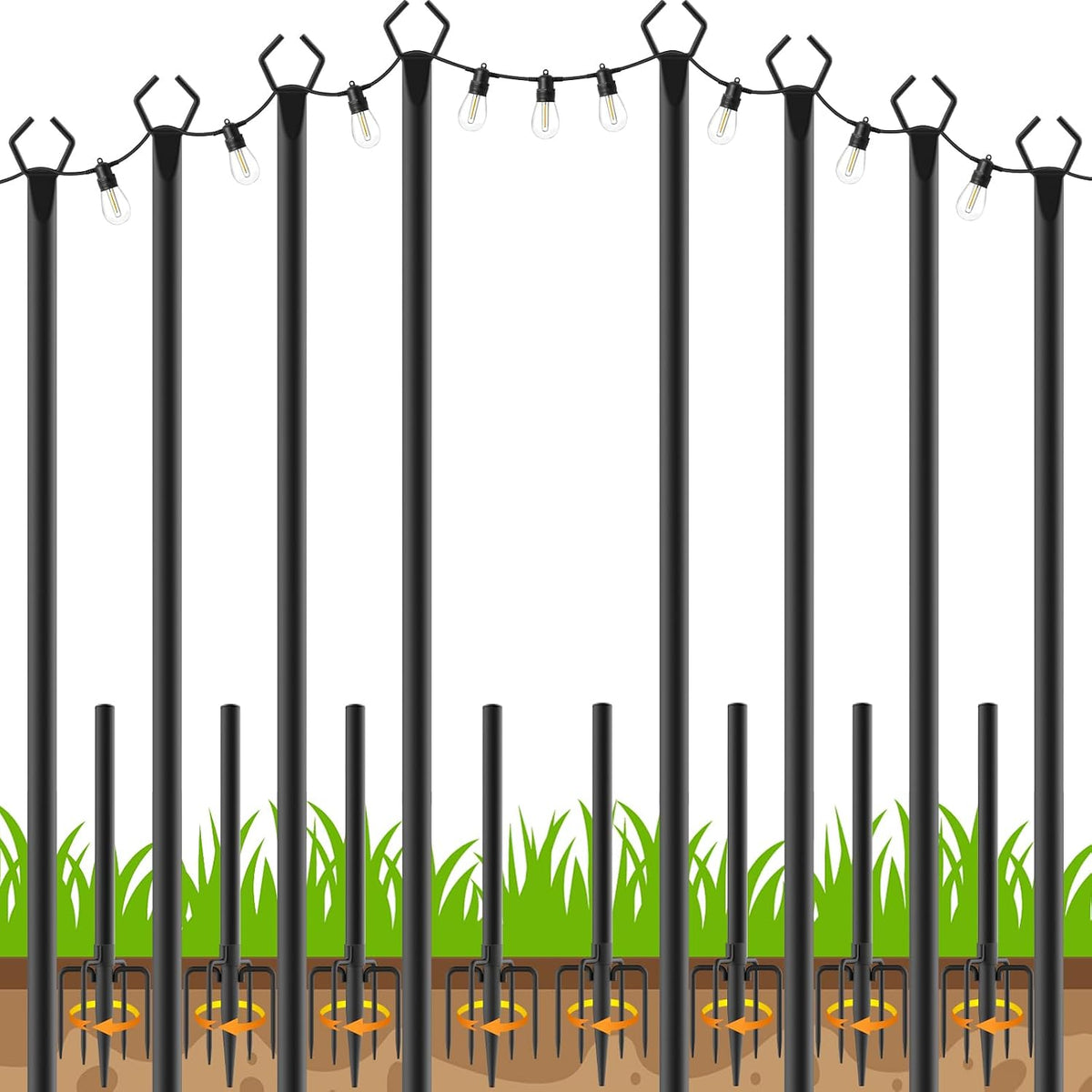 6 Pack String Light Poles, Outdoor String Light Pole 10 ft Forked Metal Light Pole with Adjustable Outdoor Light Stand, Deck, Backyard, Garden, Wedding, Rustproof and Sturdy with Hooks.