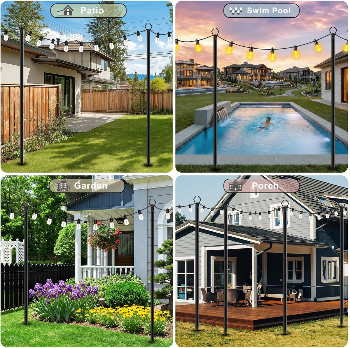 6 Pack String Light Poles, Outdoor String Light Pole 10 ft Forked Metal Light Pole with Adjustable Outdoor Light Stand, Deck, Backyard, Garden, Wedding, Rustproof and Sturdy with Hooks.