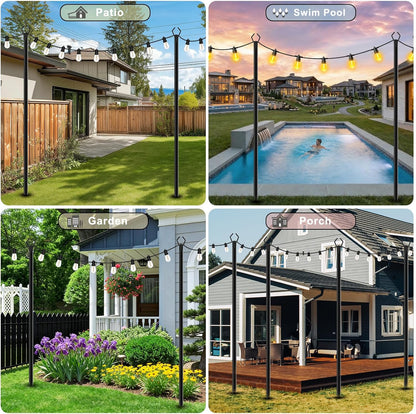 6 Pack String Light Poles, Outdoor String Light Pole 10 ft Forked Metal Light Pole with Adjustable Outdoor Light Stand, Deck, Backyard, Garden, Wedding, Rustproof and Sturdy with Hooks.