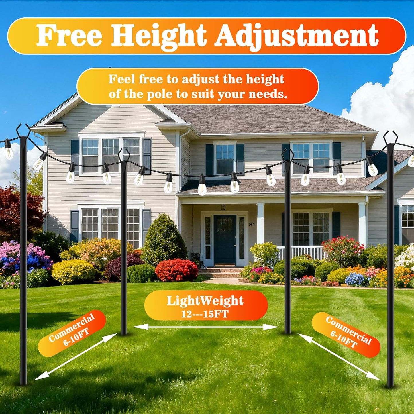 6 Pack String Light Poles, Outdoor String Light Pole 10 ft Forked Metal Light Pole with Adjustable Outdoor Light Stand, Deck, Backyard, Garden, Wedding, Rustproof and Sturdy with Hooks.