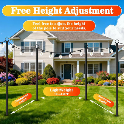 6 Pack String Light Poles, Outdoor String Light Pole 10 ft Forked Metal Light Pole with Adjustable Outdoor Light Stand, Deck, Backyard, Garden, Wedding, Rustproof and Sturdy with Hooks.