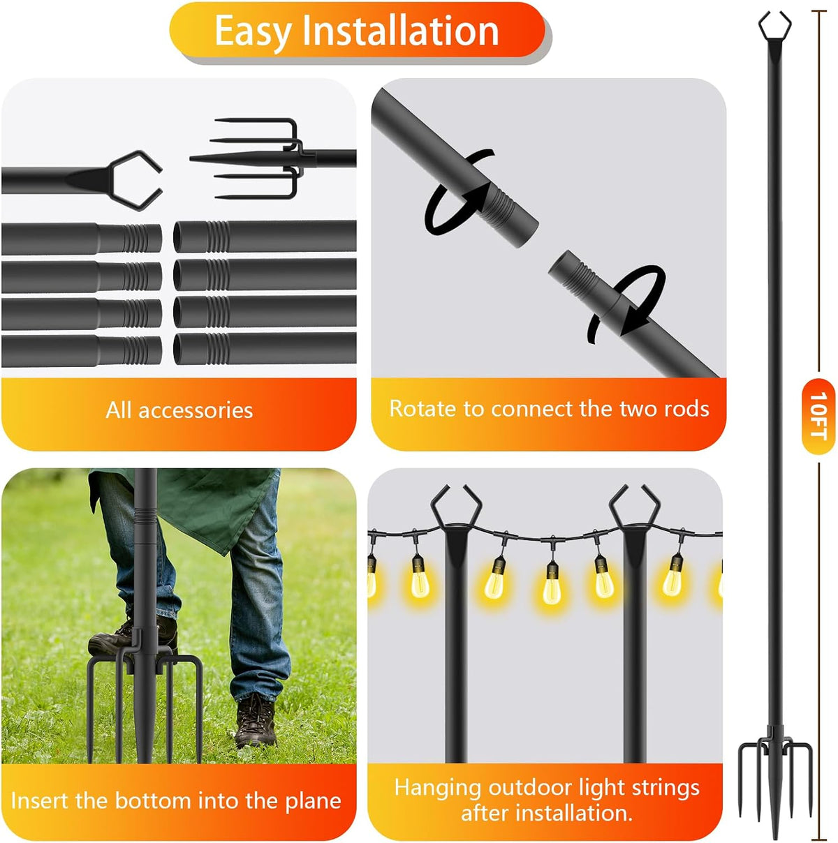6 Pack String Light Poles, Outdoor String Light Pole 10 ft Forked Metal Light Pole with Adjustable Outdoor Light Stand, Deck, Backyard, Garden, Wedding, Rustproof and Sturdy with Hooks.