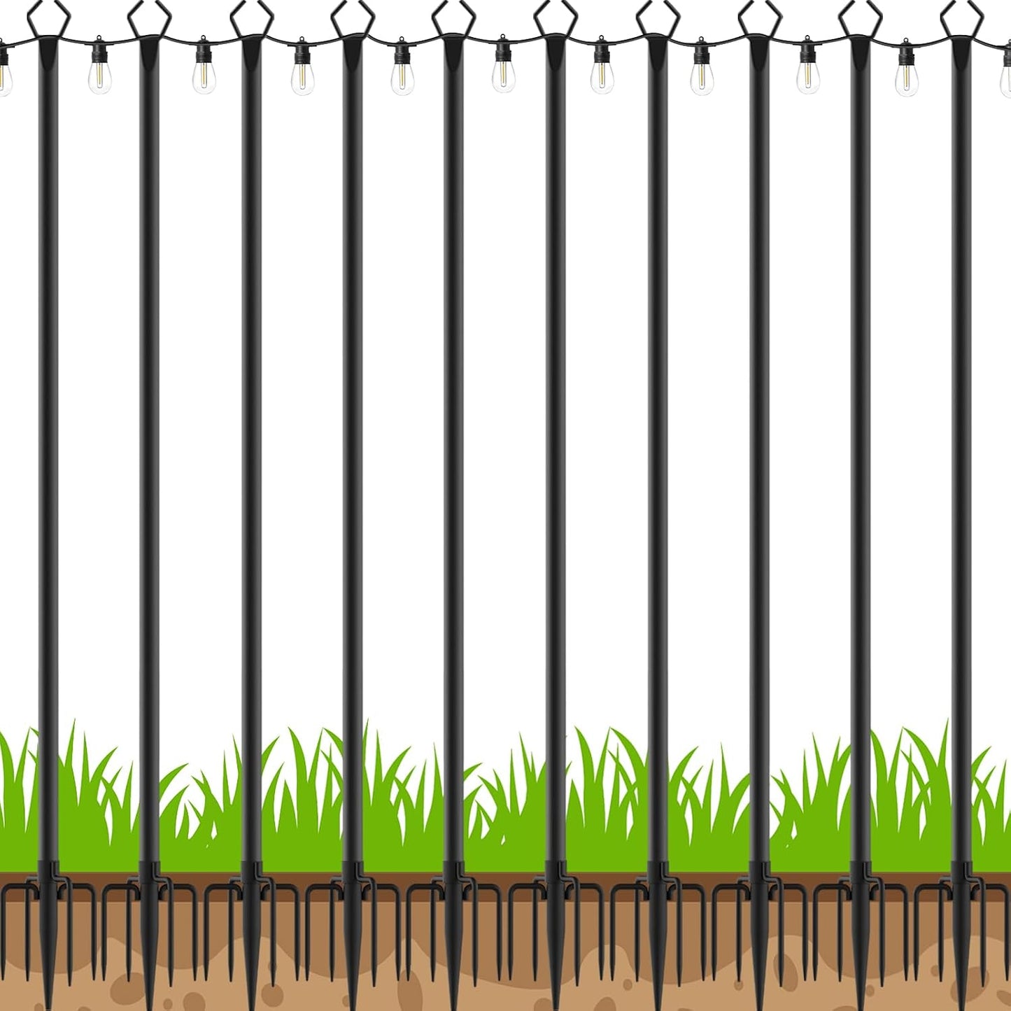 6 Pack String Light Poles, Outdoor String Light Pole 10 ft Forked Metal Light Pole with Adjustable Outdoor Light Stand, Deck, Backyard, Garden, Wedding, Rustproof and Sturdy with Hooks.
