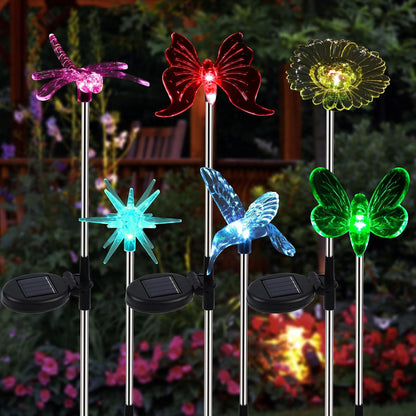6 Pack Solar Garden Stake Lights Outdoor, Solar Butterfly Figurine Lights, Multi-Color Changing LED Landscape Lighting, Sparkling Star Flower Hummingbird Dragonfly Bee for Patio Yard Pathway