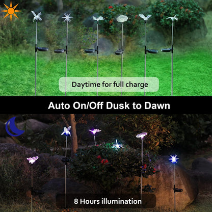 6 Pack Solar Garden Stake Lights Outdoor, Solar Butterfly Figurine Lights, Multi-Color Changing LED Landscape Lighting, Sparkling Star Flower Hummingbird Dragonfly Bee for Patio Yard Pathway