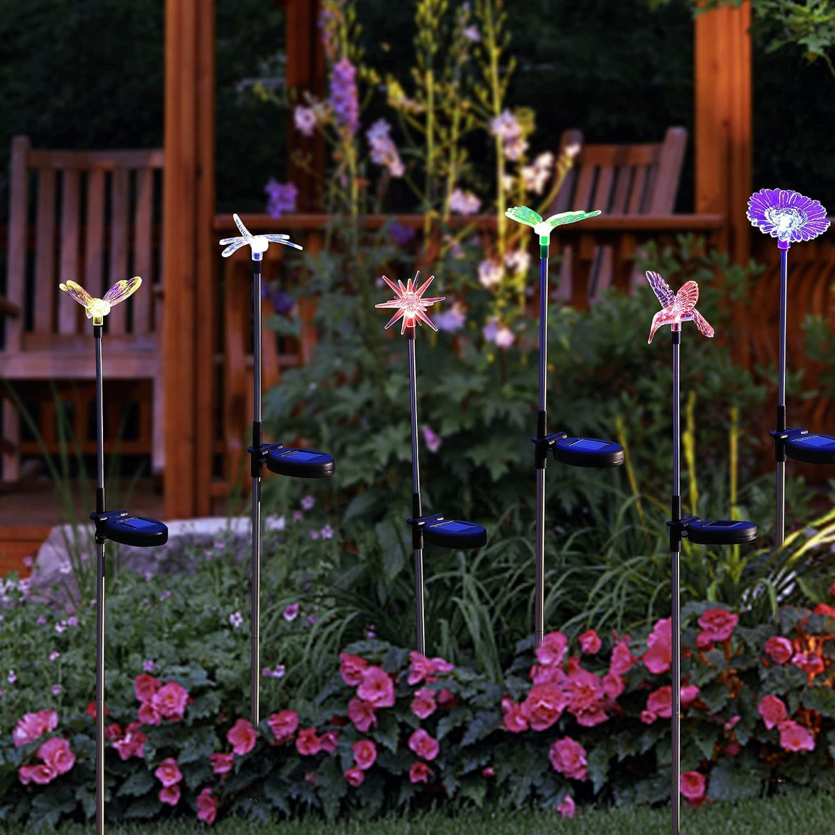 6 Pack Solar Garden Stake Lights Outdoor, Solar Butterfly Figurine Lights, Multi-Color Changing LED Landscape Lighting, Sparkling Star Flower Hummingbird Dragonfly Bee for Patio Yard Pathway