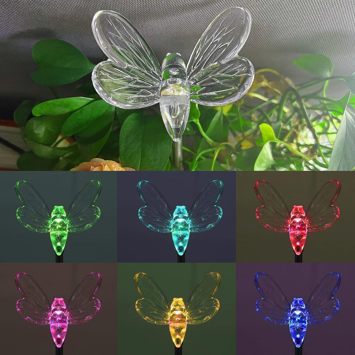 6 Pack Solar Garden Stake Lights Outdoor, Solar Butterfly Figurine Lights, Multi-Color Changing LED Landscape Lighting, Sparkling Star Flower Hummingbird Dragonfly Bee for Patio Yard Pathway