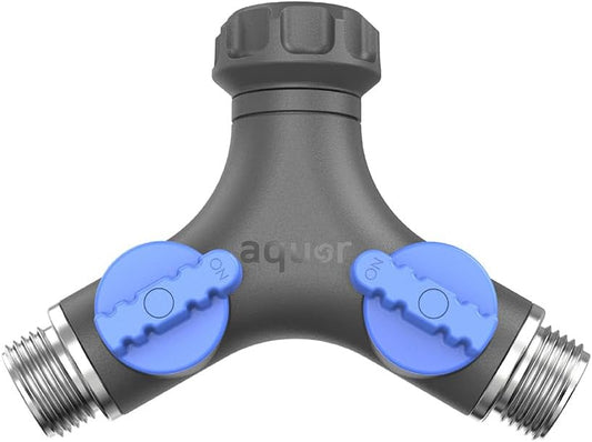 Aquor Garden Hose Y-Splitter – 2 Way Garden Hose Y Connector with Shut-Off Valves – Heavy-Duty, High-Flow, Leak-Free, UV & Corrosion Resistant, Fits Standard Outdoor Faucets 3/4 inch GHT