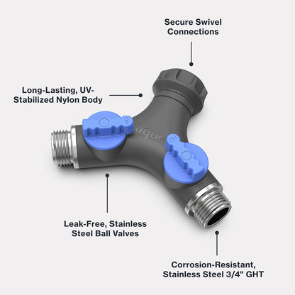 Aquor Garden Hose Y-Splitter – 2 Way Garden Hose Y Connector with Shut-Off Valves – Heavy-Duty, High-Flow, Leak-Free, UV & Corrosion Resistant, Fits Standard Outdoor Faucets 3/4 inch GHT