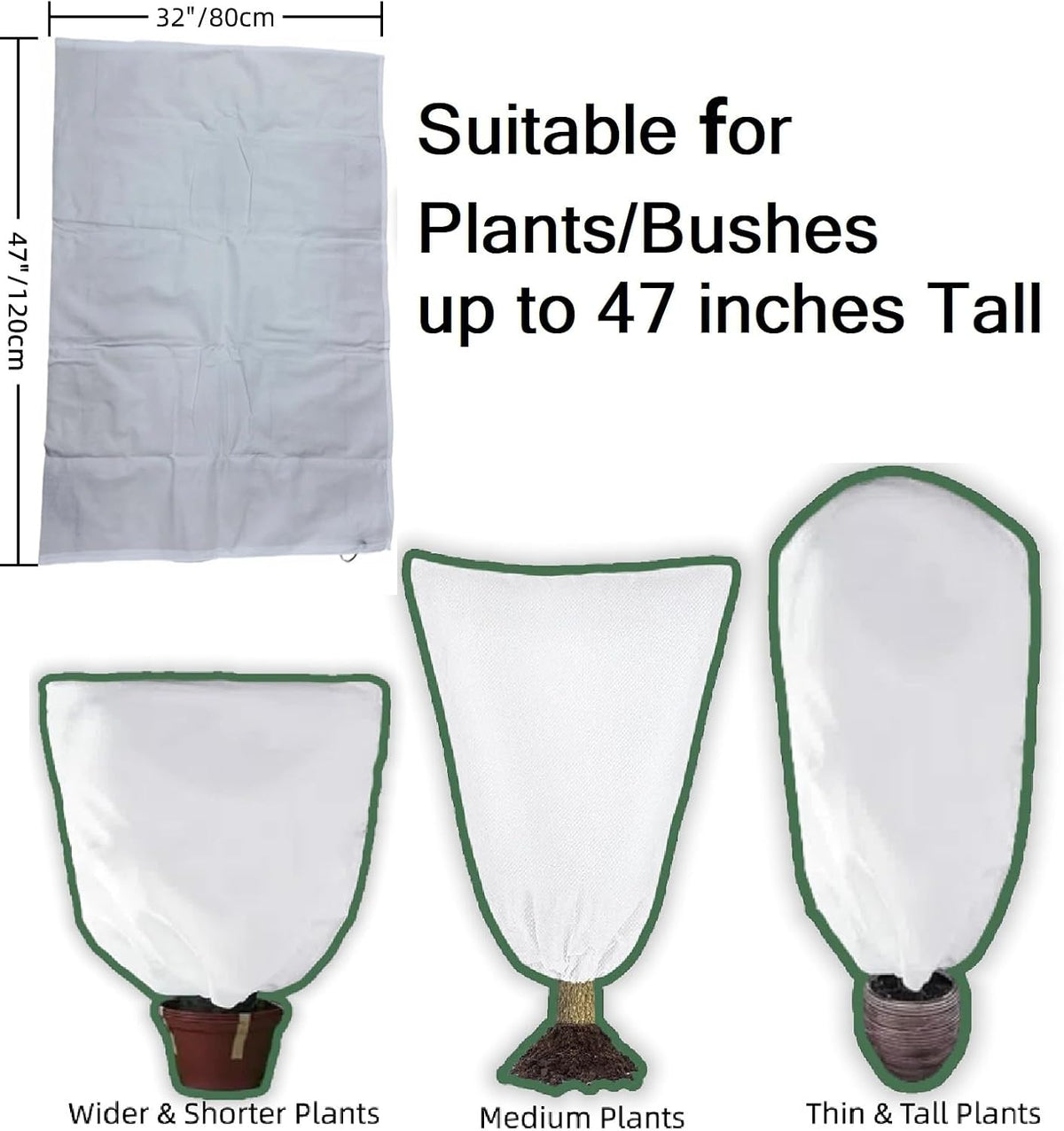 12 Pack Plant Covers Freeze Protection, 32x47'' Winter Frosts Cloth for Outdoor Plants, Reusable Frost Blankets Drawstring Bags for Cold Freeze Sun Protection Bird Insect Prevention,White