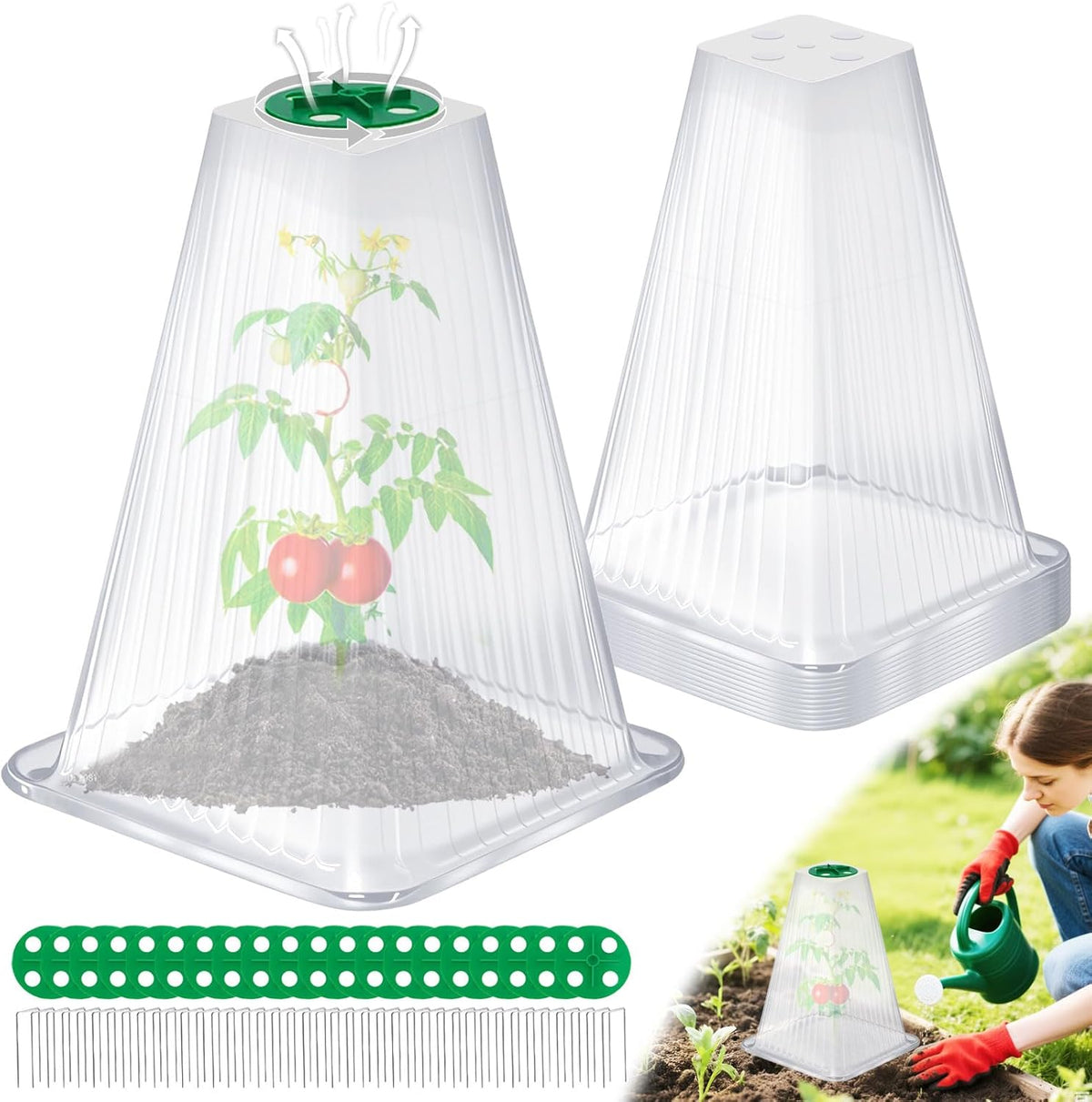 20 Pack Garden Cloches for Plants,9.4" H X 7.8" D Reusable Bell Plant Protector with 40 Ground Stakes and Rotary Vent Cover,Plant Covers Freeze Protection from Animals Snails Birds Chickens (White)