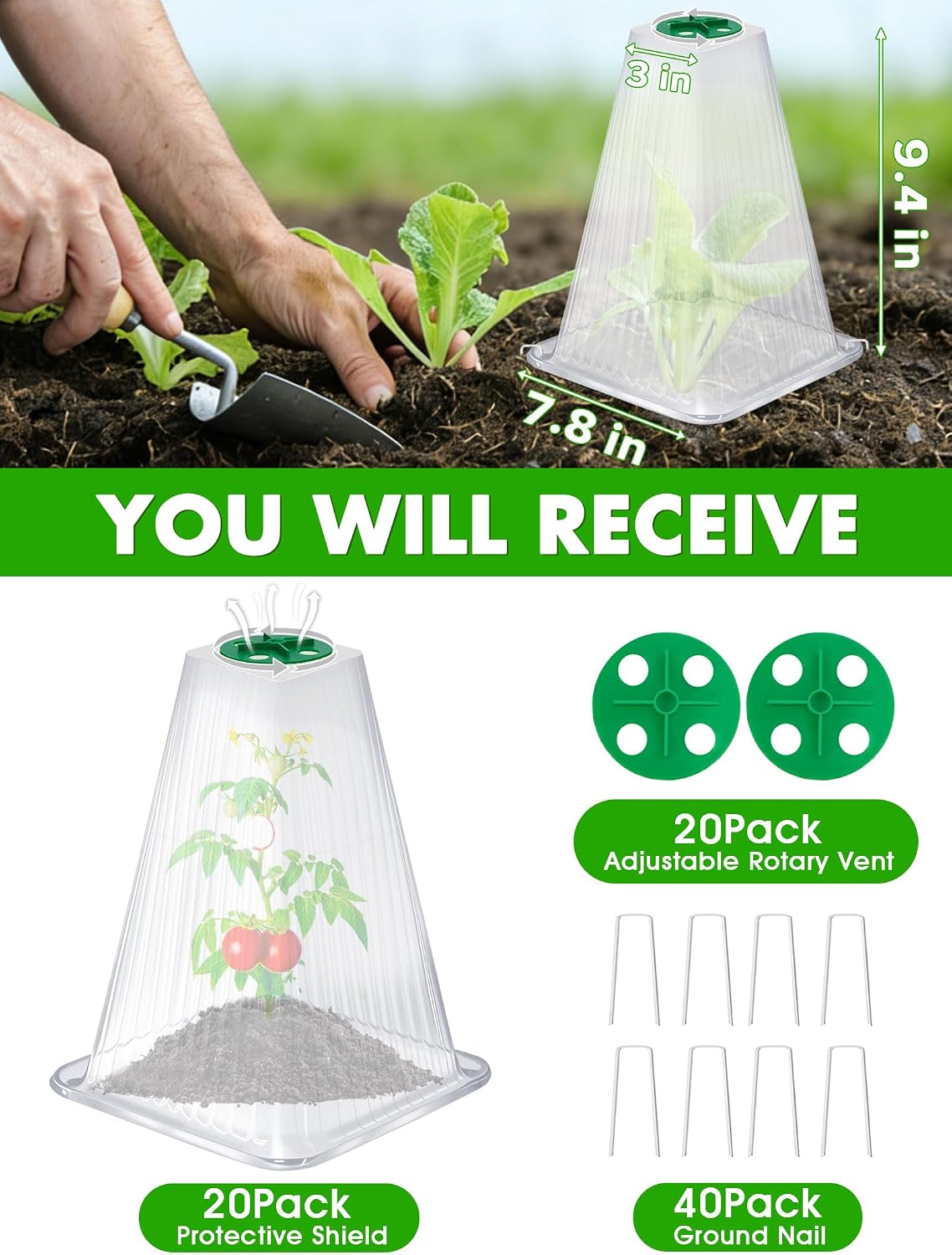20 Pack Garden Cloches for Plants,9.4" H X 7.8" D Reusable Bell Plant Protector with 40 Ground Stakes and Rotary Vent Cover,Plant Covers Freeze Protection from Animals Snails Birds Chickens (White)