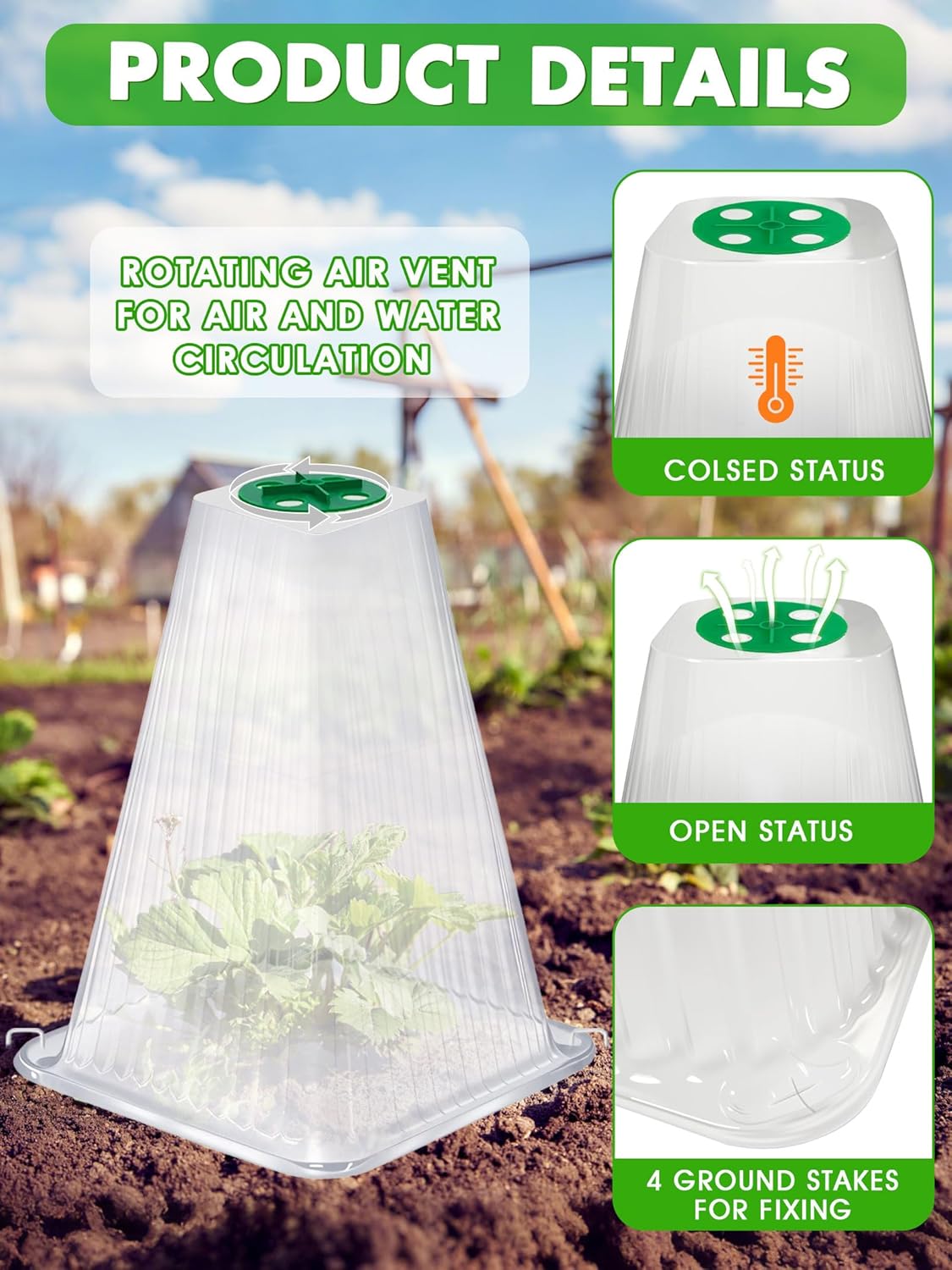 20 Pack Garden Cloches for Plants,9.4" H X 7.8" D Reusable Bell Plant Protector with 40 Ground Stakes and Rotary Vent Cover,Plant Covers Freeze Protection from Animals Snails Birds Chickens (White)