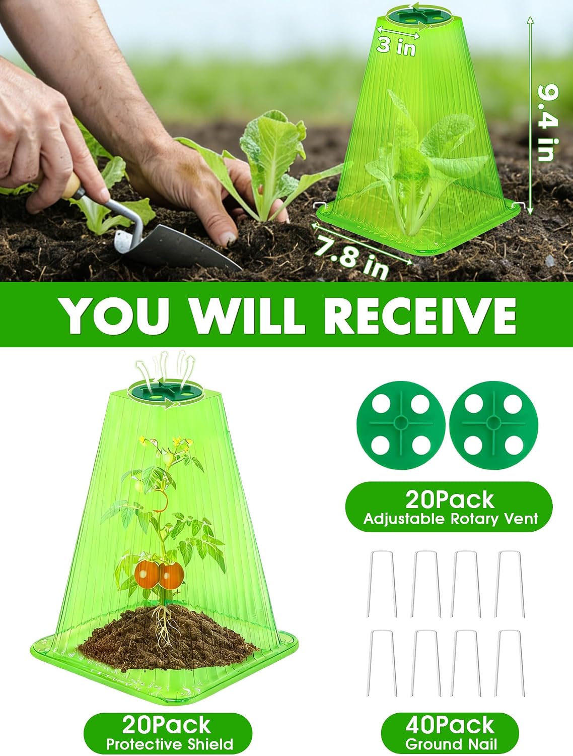 20 Pack Garden Cloches for Plants,9.4" H X 7.8" D Reusable Bell Plant Protector with 40 Ground Stakes and Rotary Vent Cover,Plant Covers Freeze Protection from Animals Snails Birds Chickens (White)
