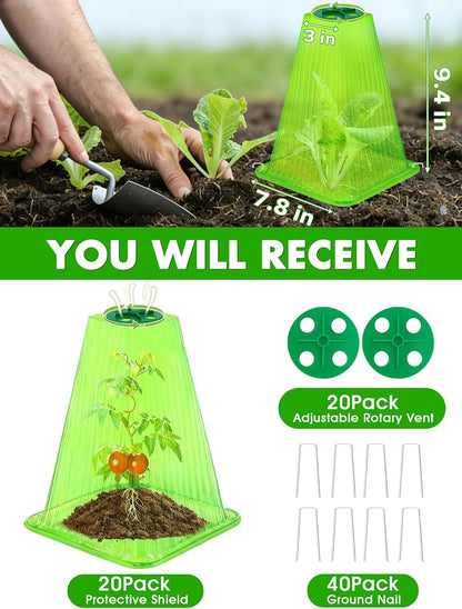 20 Pack Garden Cloches for Plants,9.4" H X 7.8" D Reusable Bell Plant Protector with 40 Ground Stakes and Rotary Vent Cover,Plant Covers Freeze Protection from Animals Snails Birds Chickens (White)
