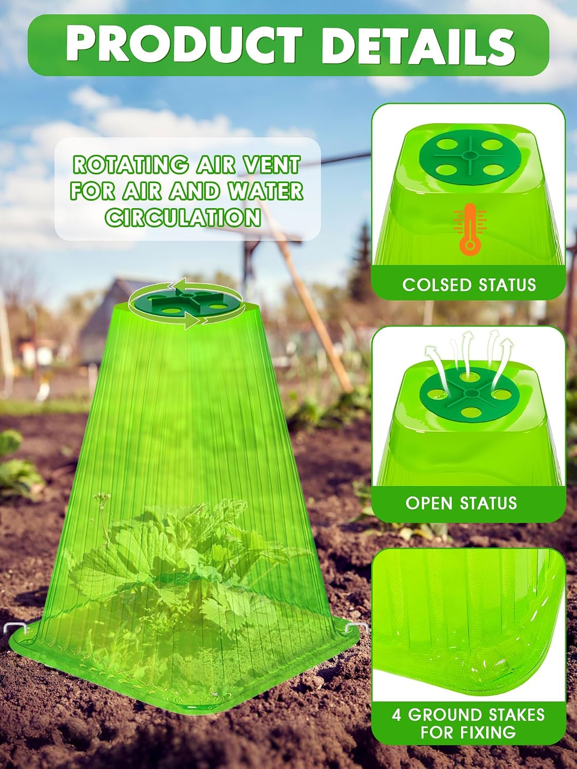 20 Pack Garden Cloches for Plants,9.4" H X 7.8" D Reusable Bell Plant Protector with 40 Ground Stakes and Rotary Vent Cover,Plant Covers Freeze Protection from Animals Snails Birds Chickens (White)