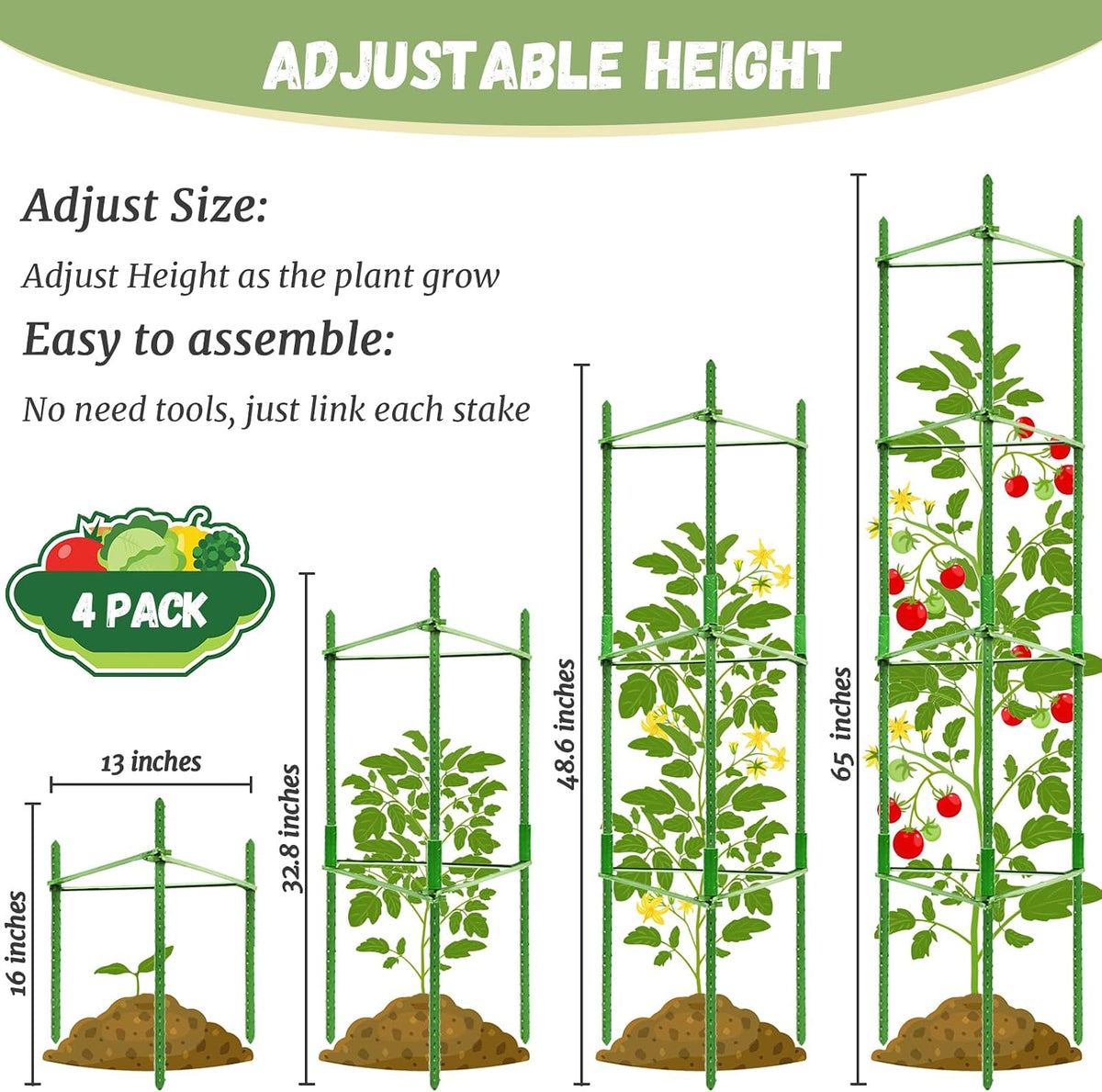 6 Pack Tomato Cage for Garden, Up to 48Inch Sturdy Tomato Trellis