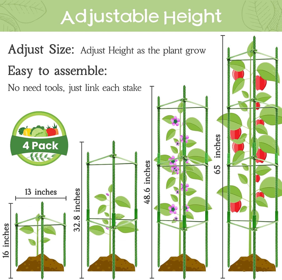6 Pack Tomato Cage for Garden, Up to 48Inch Sturdy Tomato Trellis