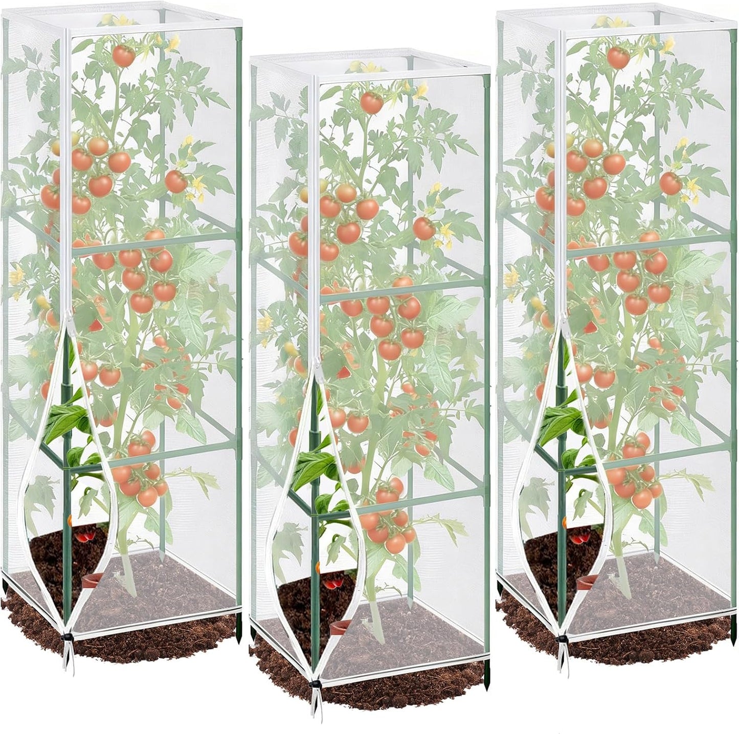 3 Pcs Garden Bird Net Cover for Square Tomato Cage, 59"x17.7" Insect Bird Barrier Tomato Cage Net with Zipper & Drawstring, Tomato Netting Protection Cover for Protecting,Cucumber from Birds, Insects
