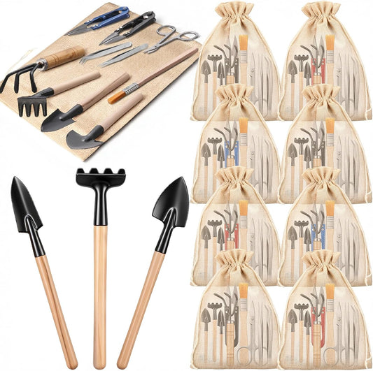8 Sets Kids Mini Gardening Tools with Storage Bags Succulent Potting Planting Kit Indoor with Metal Rake Trowel and Shovel Small Gardening Tools for Cultivating Weeding Transplanting