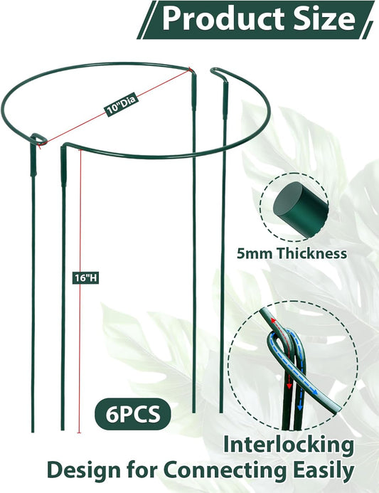 6 Pack 10" W x 16" H Plant Half Round Metal Support Stakes