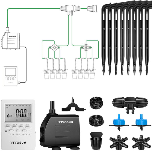 Professional Automatic Drip Irrigation Kits, 15W Output, All in One Professional Grow Kit- Includes Pump, Timer and Regulator, 8 Drip Emitters Garden Plant Watering System Indoor Outdoor