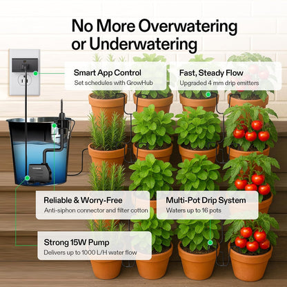 Professional Automatic Drip Irrigation Kits, 15W Output, All in One Professional Grow Kit- Includes Pump, Timer and Regulator, 8 Drip Emitters Garden Plant Watering System Indoor Outdoor