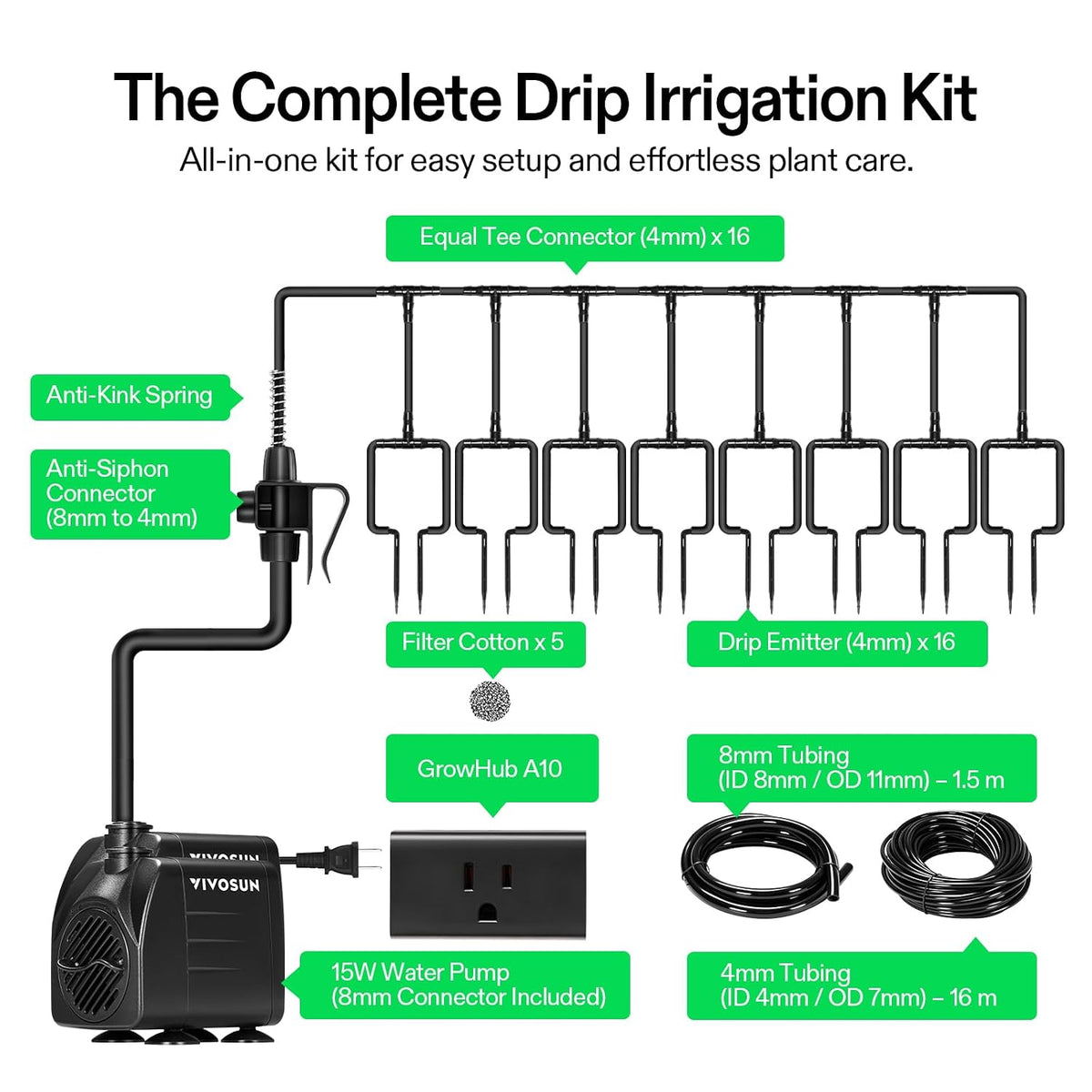 Professional Automatic Drip Irrigation Kits, 15W Output, All in One Professional Grow Kit- Includes Pump, Timer and Regulator, 8 Drip Emitters Garden Plant Watering System Indoor Outdoor