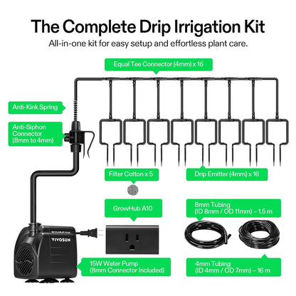 Professional Automatic Drip Irrigation Kits, 15W Output, All in One Professional Grow Kit- Includes Pump, Timer and Regulator, 8 Drip Emitters Garden Plant Watering System Indoor Outdoor