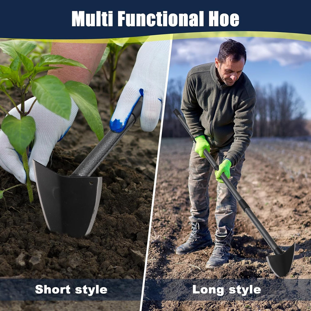 Extra-Sharp Triangular Hoe - Heavy Duty Gardening & Construction Tool with 15"-60" Adjustable Stainless Steel Pole, Detachable Design for Digging, Weeding, Trenching