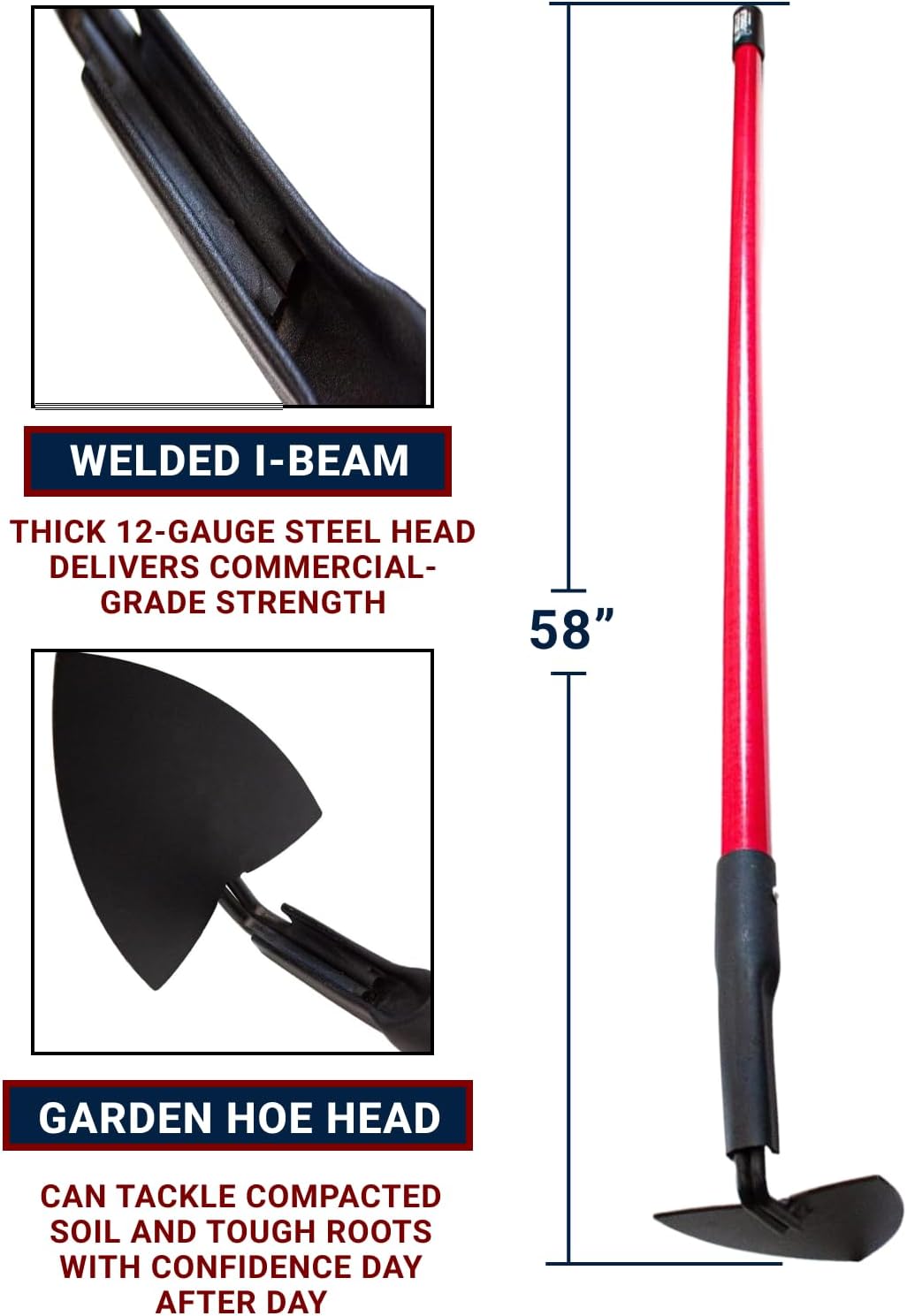 Warren Hoe Professional 12-Gauge 6.25-Inch Garden Hoe Tool with Fiberglass Handle, Commercial Strength, Gardening Tools, 100% Made in The USA