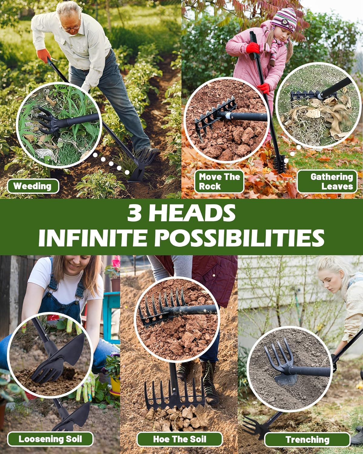 5-in-1 Garden Hoe with Adjustable Handle, Heavy-Duty Interchangeable Weeding Tool Set – 37" to 50" Extension for Gardening, Camping, and Outdoor Digging