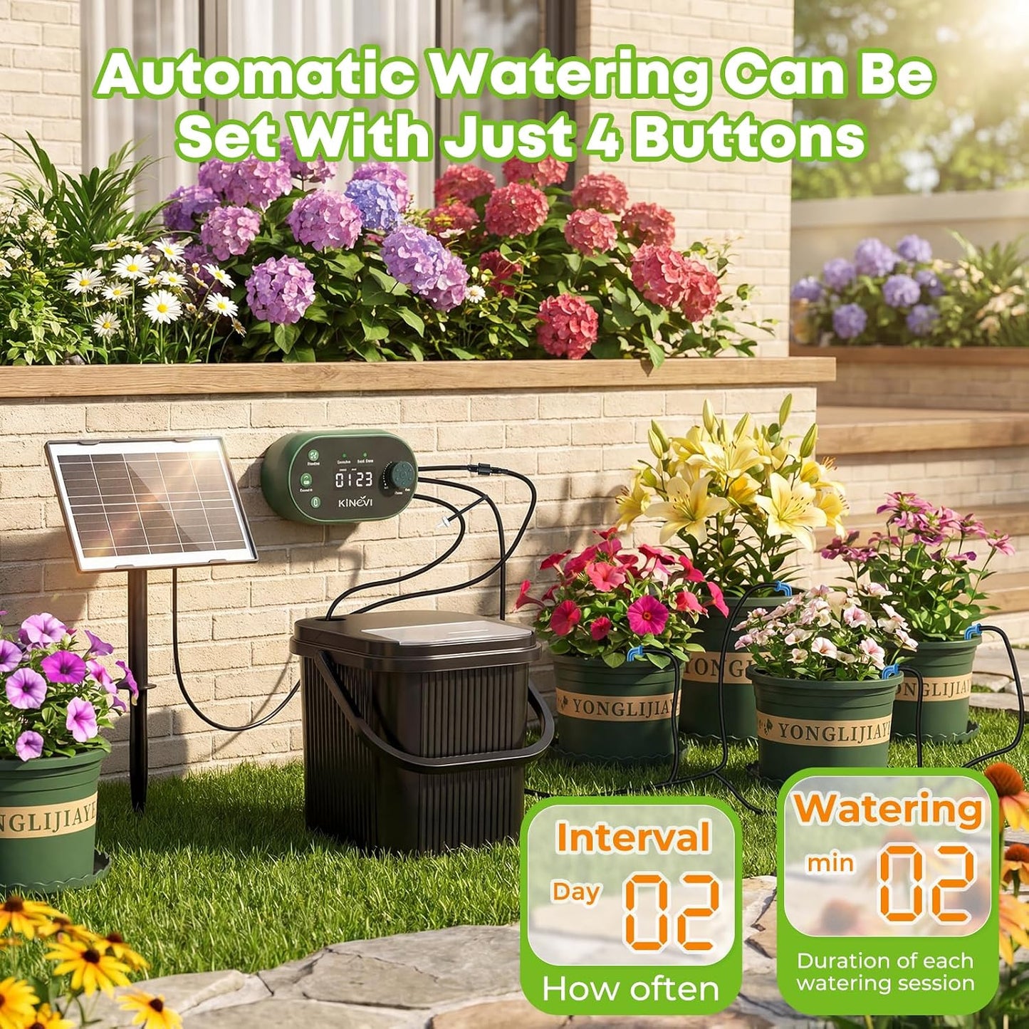 Solar Drip Irrigation System Kit, Auto Plant Waterer for 15 Pots