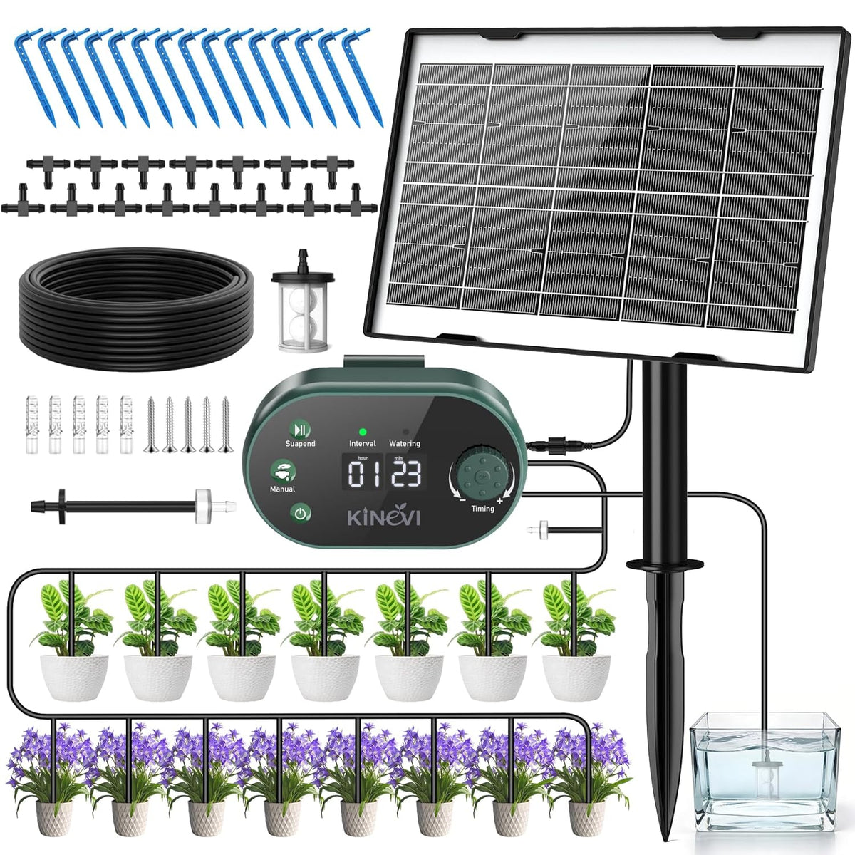 Solar Drip Irrigation System Kit, Auto Plant Waterer for 15 Pots