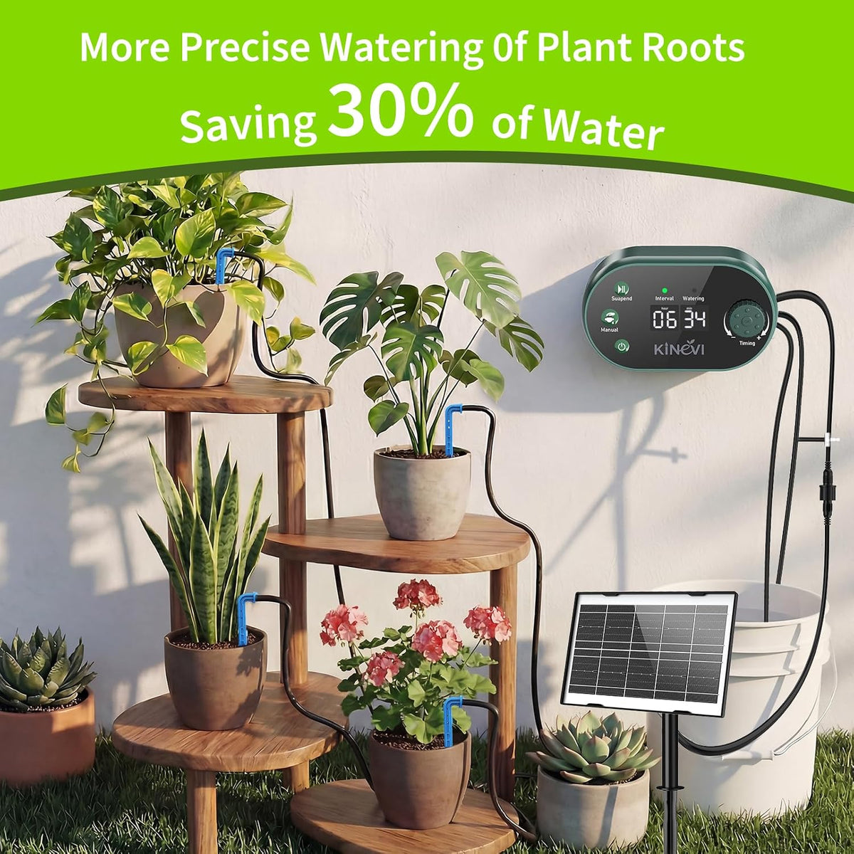 Solar Drip Irrigation System Kit, Auto Plant Waterer for 15 Pots