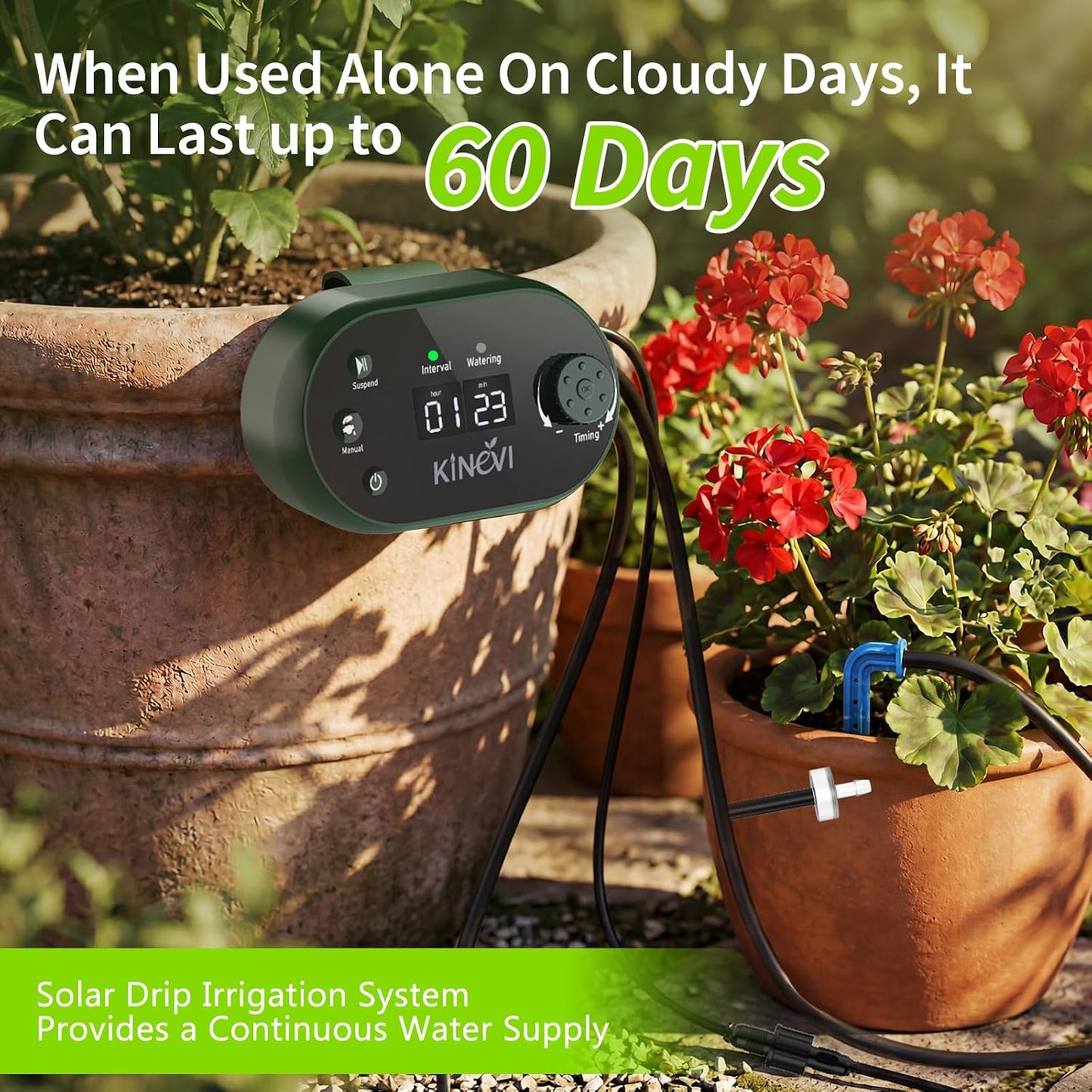 Solar Drip Irrigation System Kit, Auto Plant Waterer for 15 Pots