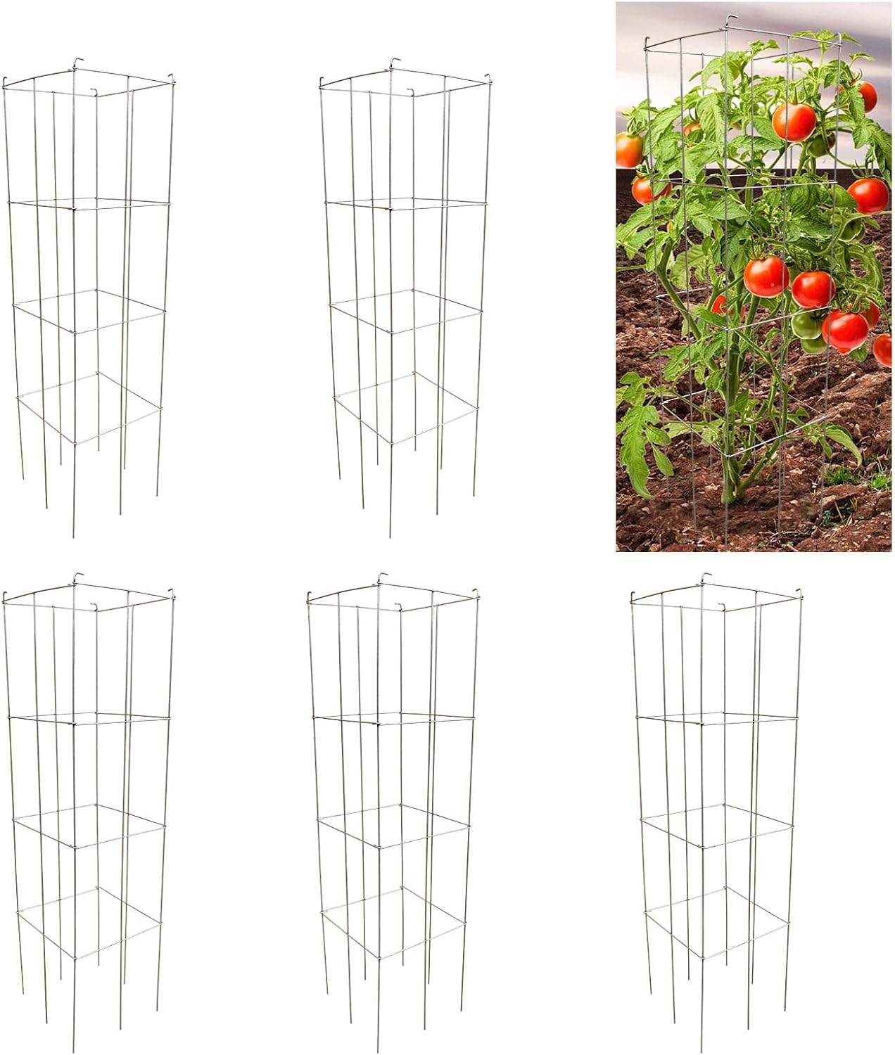 46" Height 12" Width 5PCS Galvanized Square Folding Tomato Cage,Plant Support Stake Tower