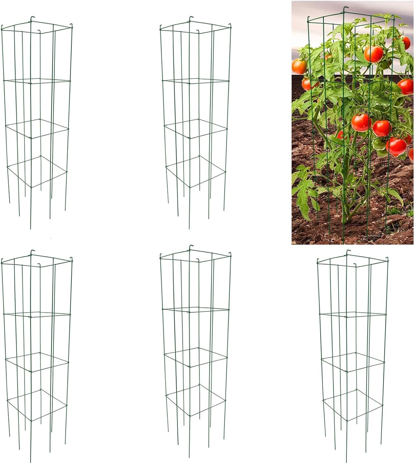 46" Height 12" Width 5PCS Galvanized Square Folding Tomato Cage,Plant Support Stake Tower
