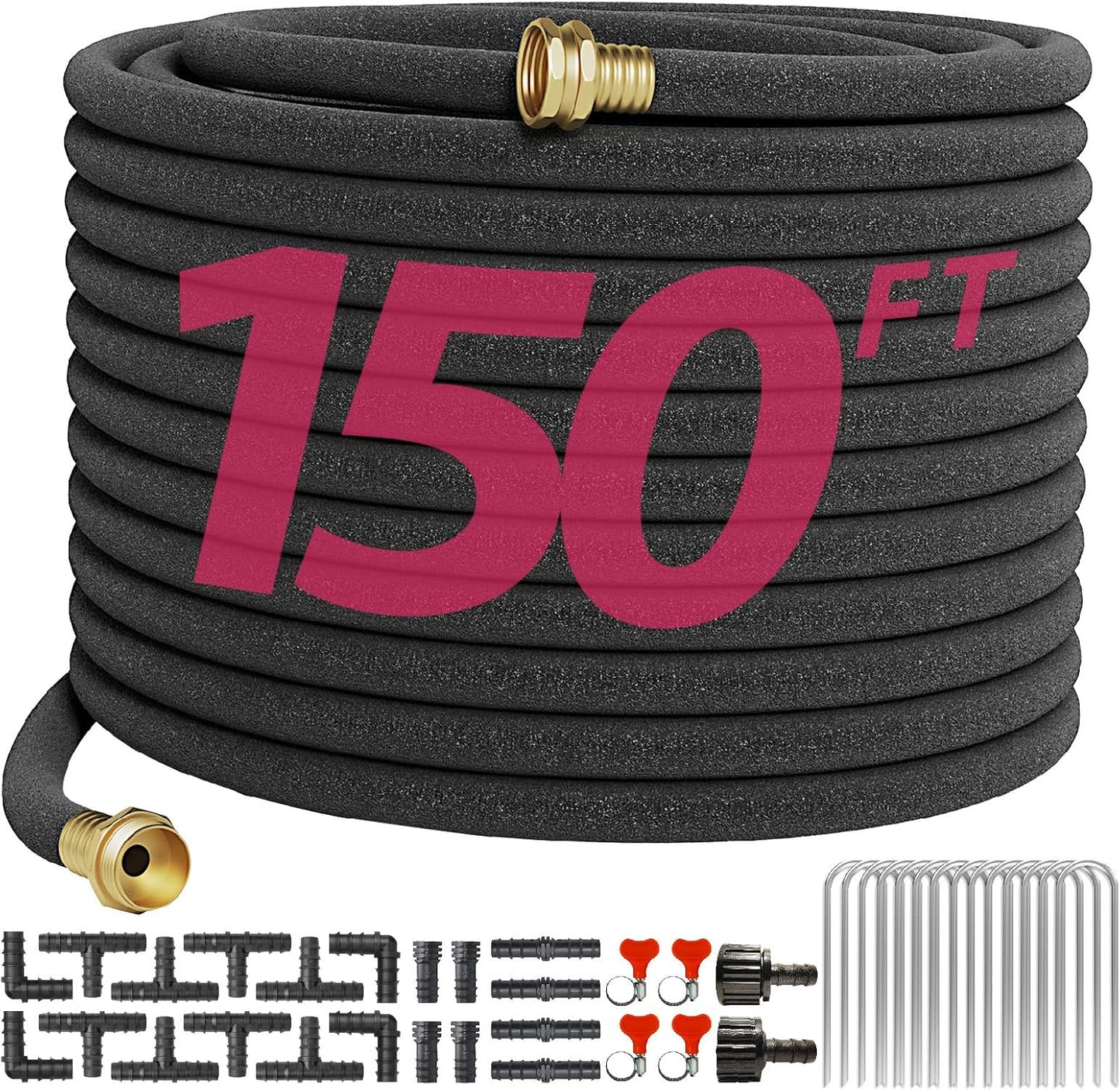 Soaker Hose 150FT 1/2 Inch Premium Kit with Solid Brass Connectors & Stakes, for Deep Root Watering in Flower Beds & Landscaping