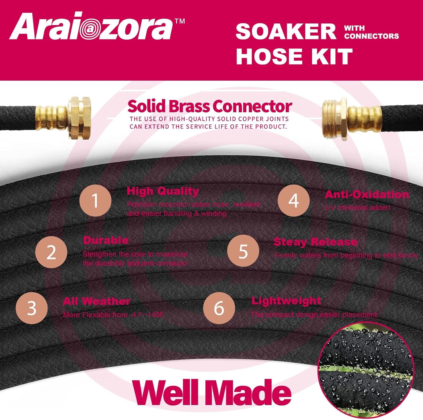 Soaker Hose 150FT 1/2 Inch Premium Kit with Solid Brass Connectors & Stakes, for Deep Root Watering in Flower Beds & Landscaping