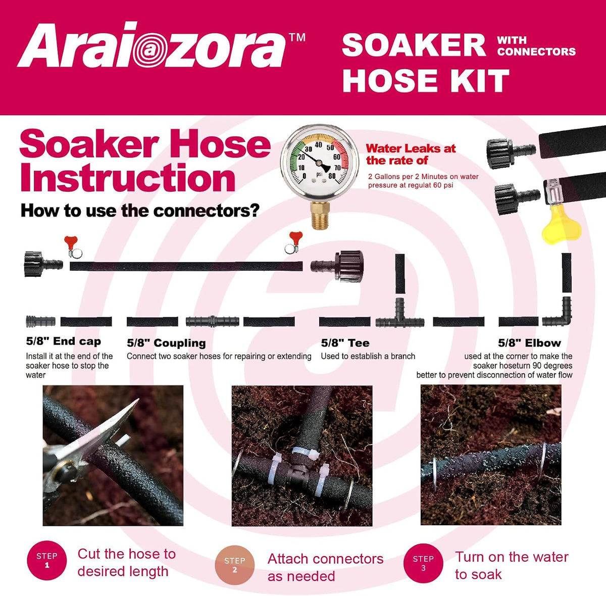 Soaker Hose 150FT 1/2 Inch Premium Kit with Solid Brass Connectors & Stakes, for Deep Root Watering in Flower Beds & Landscaping