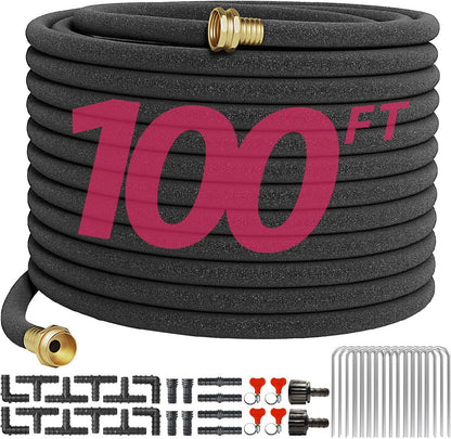 Soaker Hose 150FT 1/2 Inch Premium Kit with Solid Brass Connectors & Stakes, for Deep Root Watering in Flower Beds & Landscaping