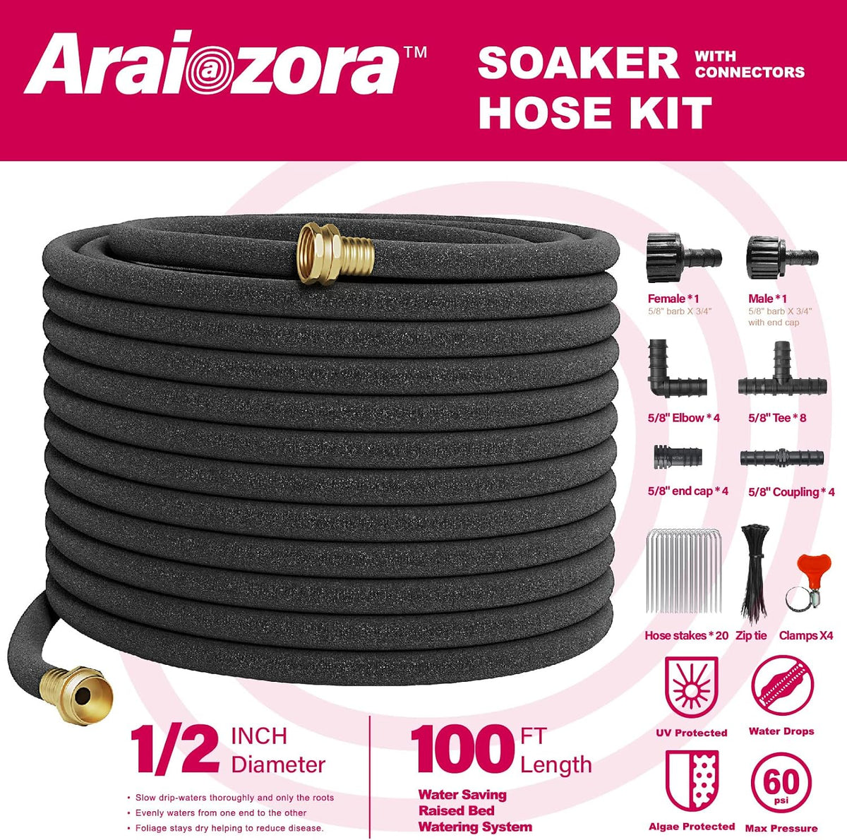 Soaker Hose 150FT 1/2 Inch Premium Kit with Solid Brass Connectors & Stakes, for Deep Root Watering in Flower Beds & Landscaping