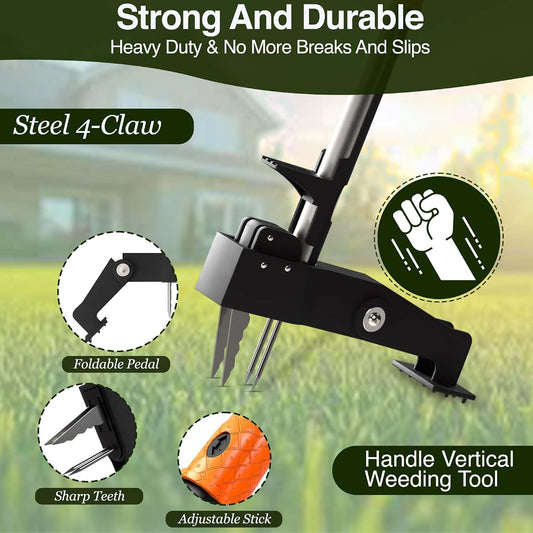 Manual Stand Up Weed Puller Tool with Long Handle | Heavy Duty 4-Claw Steel Head Weeder for Root Removal | Ergonomic Weeding Tool for Dandelion, Lawn, Yard & Garden Maintenance